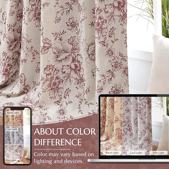 jinchan Blackout Floral Curtains Linen Blend Curtain for Living Room 63 Inch Length Christmas Brick Red Flower Printed Drapes for Bedroom Rod Pocket Back Tab Farmhouse Curtains Set 2 Panels