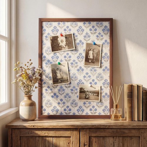 Leinuosen Cork Board - Decorative Floral Design with Blue Flowers | 17 x 23 Inch Framed Bulletin Board for Home, School, Office Decor