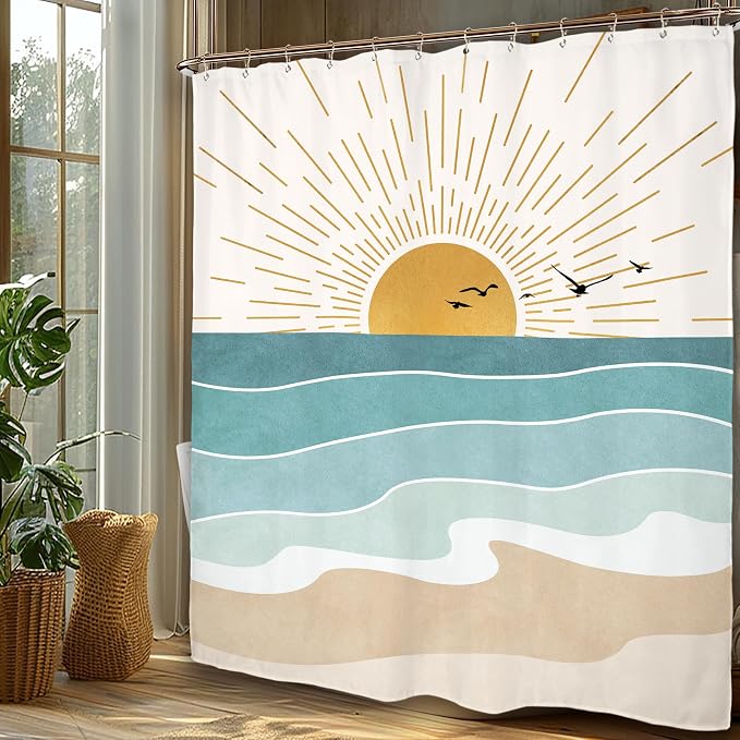 Miyotaa Abstract Sun Minimalist Shower Curtain Set 60Wx71H Inches Beach Sunrise Aesthetic Coastal Teal Turqoise Aqua Polyester Waterproof Cloth Bathroom Curtain with 12 Hooks