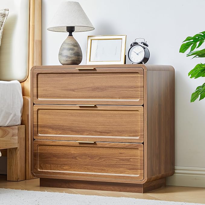 Turtle&Myrtle Modern 3 Drawer Dressers for Bedroom, 26'' Wide Wood Nightstand w/3 Storage Drawers, End Table, Dresser & Chest of Drawers with Curved Profile for Living Room Entryway, Brown