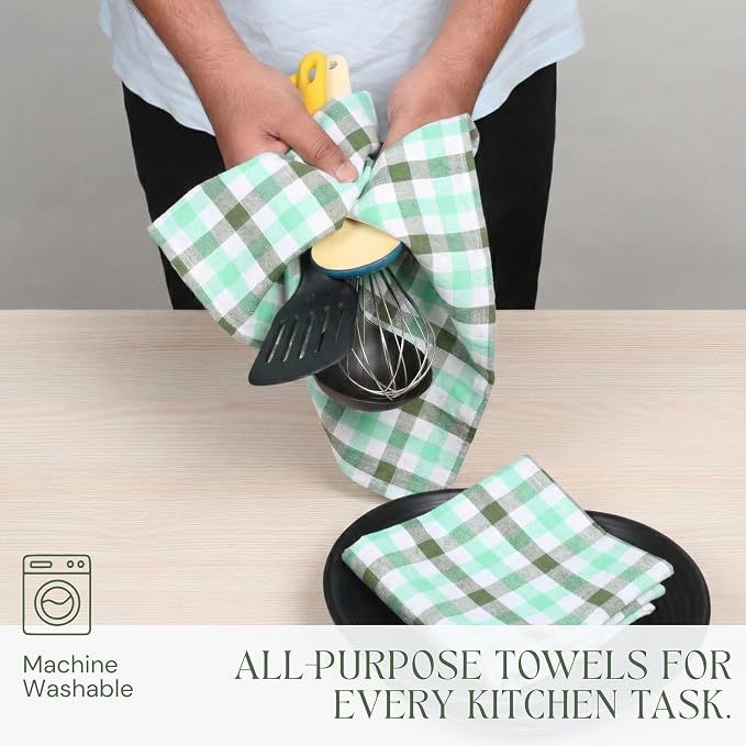 Checked Kitchen Dish Towels 12 Pack Combo, 18"x26", Quick Dry Wash Rags, Reusable Dishcloths, Absorbent Hand Towel - Mint Green, Water Green, Indigo Blue, Mustard Yellow, Brown, Beige