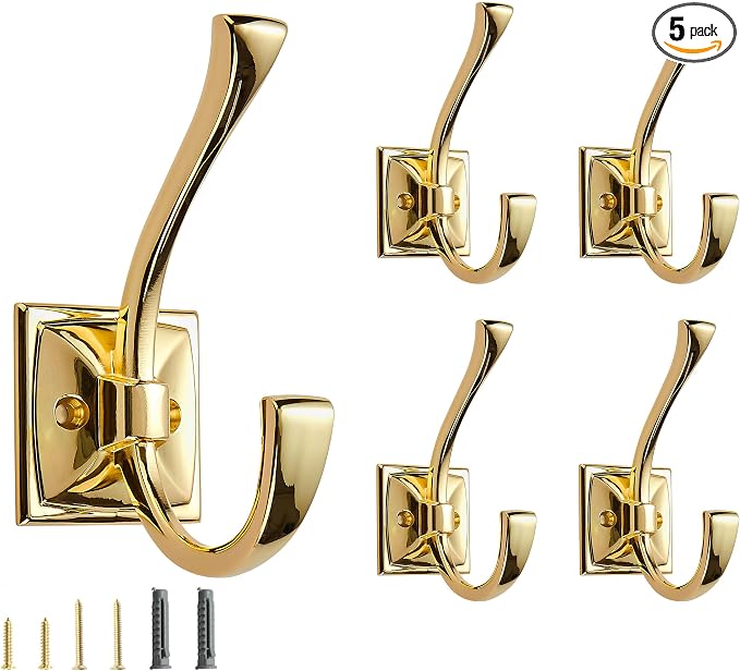 5 Pack Decorative Heavy Duty Towel Hooks for Hanging Robe Double Polished Brass Coat Hooks Wall Mounted with Screws for Key, Towel, Bags, Cup, Hat