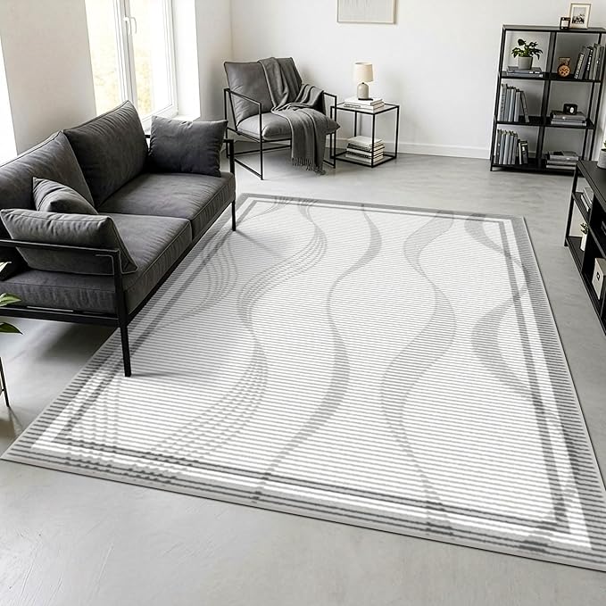 Merelax 5x8 Area Rug for Bedroom - Washable Non-Slip Large Area Rug, Indoor Floor Carpet Low Pile Soft Farmhouse Rug for Dining Room, Mudroom, Modern Aesthetic Abstract Geometric Decor, Grey