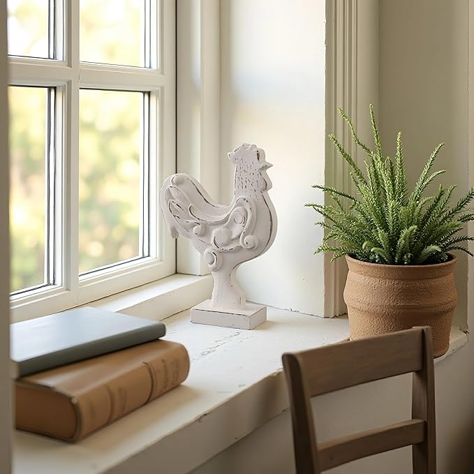 Rustic Small Chicken Statue Kitchen Decor 6 X 8 Inch, Handmade Distressed White Rooster Decor for Tabletop, Wooden Chicken Themed Gifts for Christmas Kitchen Mantel Dining Room Living Room