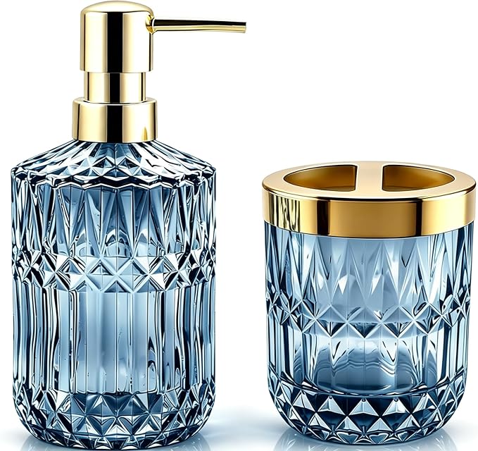 2Pcs Blue Bathroom Accessories Set, Glass Bathroom Accessories, Vintage Bathroom Countertop Decoration Includes Soap Dispenser, Toothbrush Holder