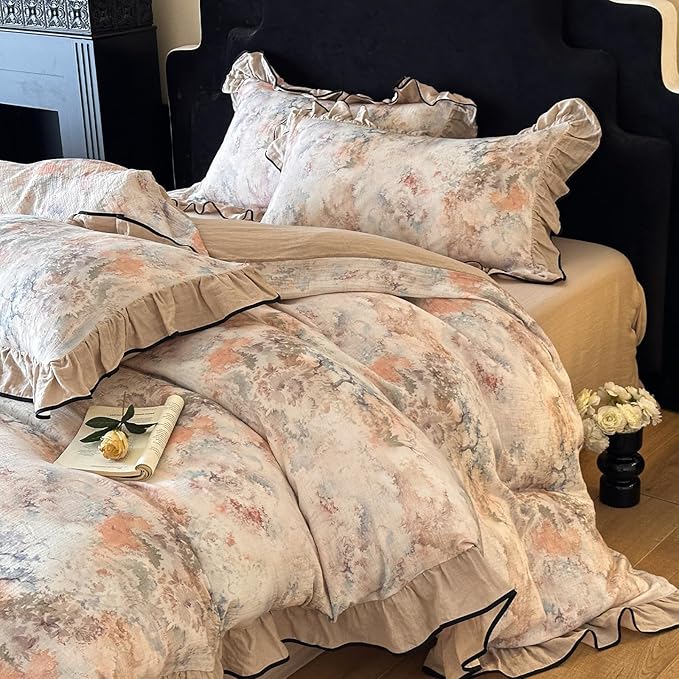 VM VOUGEMARKET Cotton Muslin Duvet Cover Queen Vintage Floral Duvet Cover with Ruffles Soft Linen Like Gauze Comforter Cover with Zip Closure and Corner Ties- 90"x90"