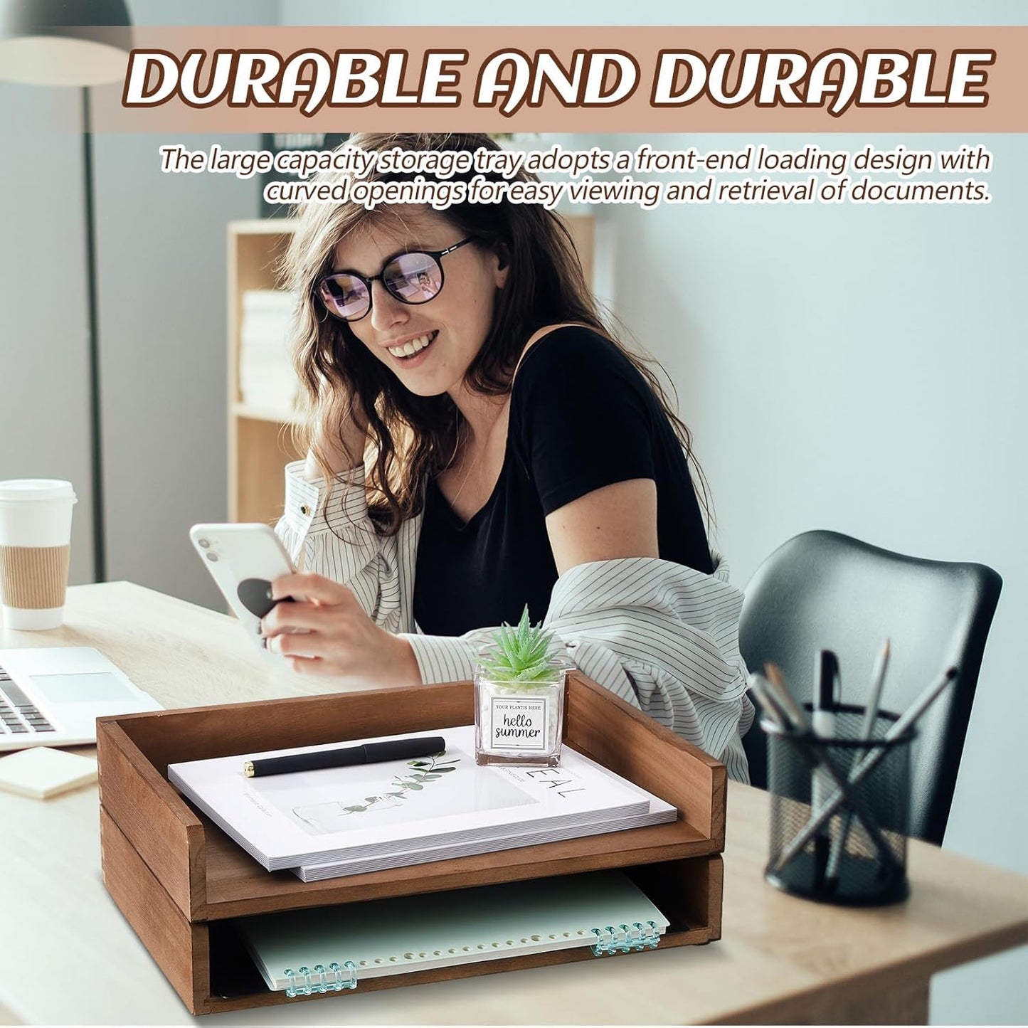 Yeaqee Stackable Paper Organizer Tray - Wood Desk Organizer for Letter Size Documents | Dark Wood Finish