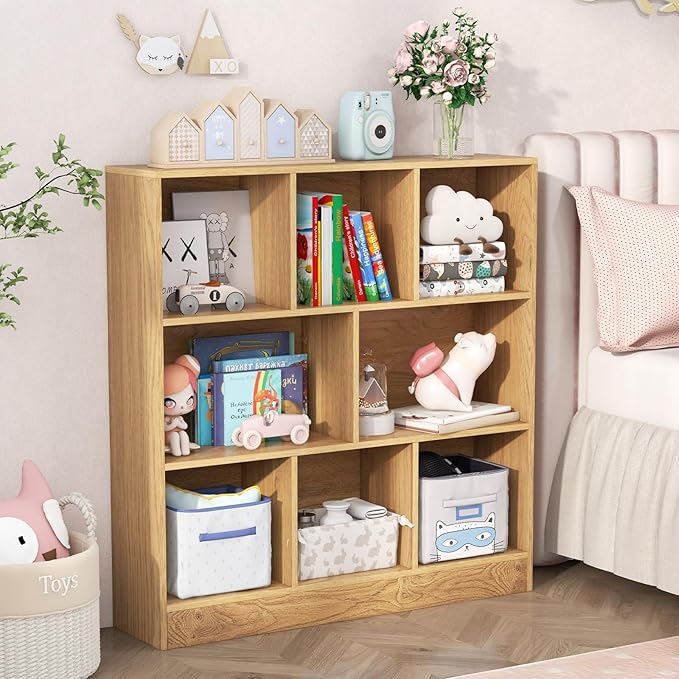 HONEY JOY Kids Toy Storage Organizer, 7-Section Wooden Floor Storage Cabinet, 41” Daycare Toy Chest, 3-Tier Kids Display Bookshelf for Classroom, Playroom & Nursery, Kindergarten (Natural)
