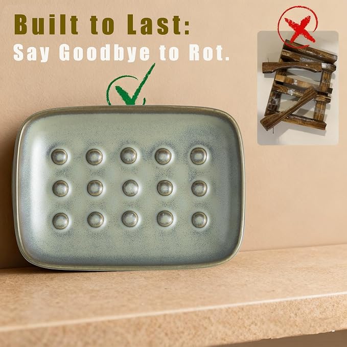 Miamolo Ceramic Soap Dish for Shower, Non-Slip Bar Soap Saver Tray Bar for Bathroom Kitchen Sink Bathtub, Easy to Clean, Dishwasher Safe, Raised Pattern - Keep Soap Dry, Dark Green
