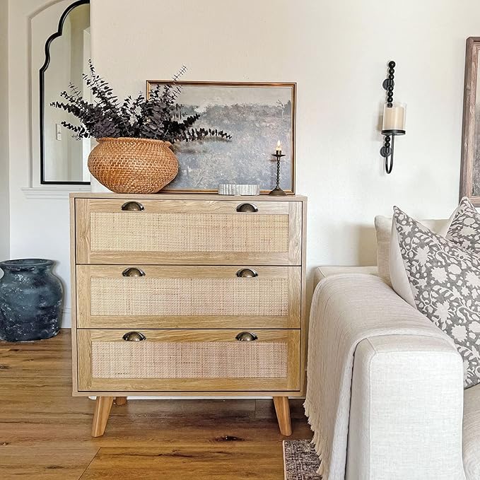 PHI VILLA Rattan Nightstand Set of 2 - Dresser with Drawer Boho Small Cabinet, 3 Drawer Dresser, Rattan Cabinet