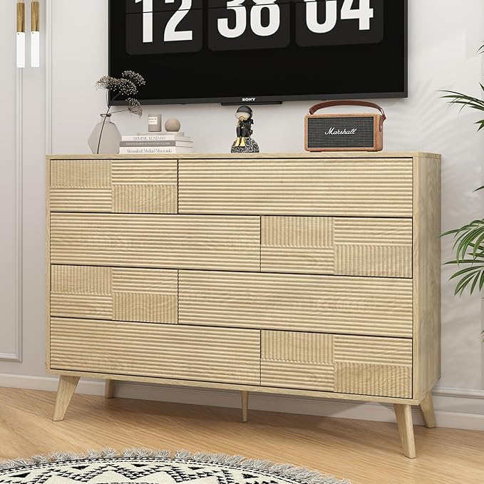 Hadulcet Wood Dressers for Bedroom 34” Tall, Large 8 Drawer Dresser TV Stand, Modern Chest of Drawers for Closet Clothes Storage Organizer with Fluted Panel, No Handles Design, Natural Oak
