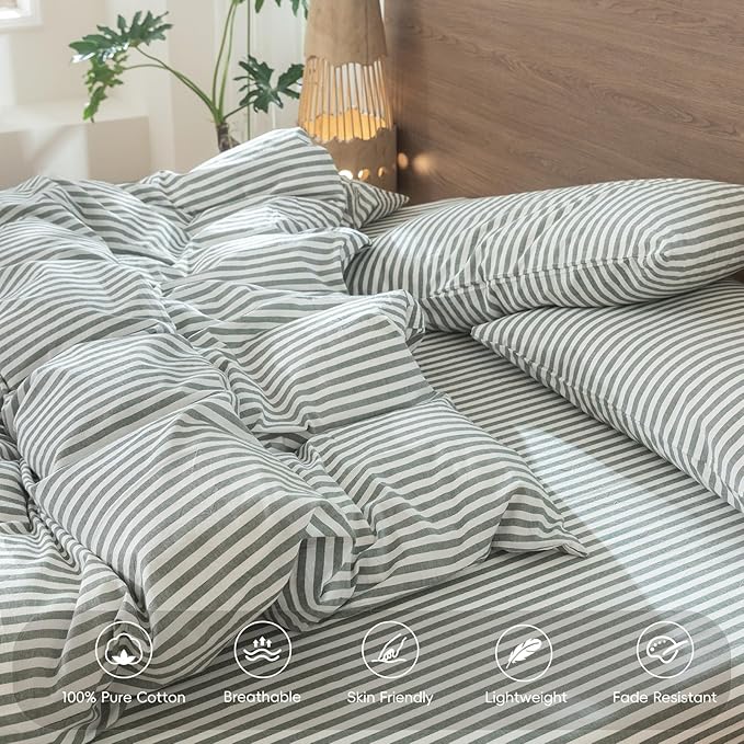 MooMee Striped Duvet Cover Set 100% Washed Cotton Linen Like Textured Breathable Durable Soft Comfy (Heathered Green Classic Stripes, Cal King 104"x98")