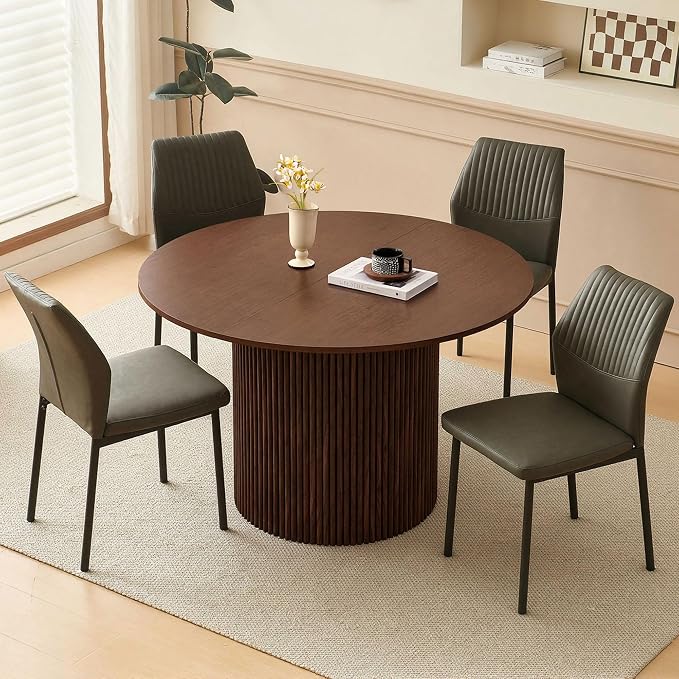 Dining Table Set for 4, 47" Wooden Round Kitchen Table with PU Leather Chairs for Kitchen Room and Small Spaces(Walnut Table + 4 Dakr Grey Chairs)
