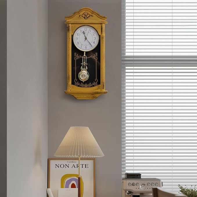 Clockswise Vintage Grandfather Wood - Looking Plastic Antique Pendulum Wall Clock for Living Room Decor, Kitchen, Office, Or Dining Room, Silent Wall Mount Battery-Operated (Yellow)