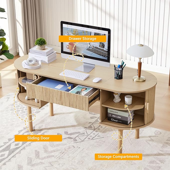 ORRD Home Office Oval Desk with Sliding Tambour Door and Drawer, Modern Fluted Wood Executive Computer Storage Desk for Study, Living Room, Bedroom, Office - Natural