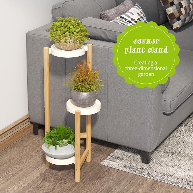 BMOSU Plant Stand For Indoor Outdoor Bamboo 3 Potted Holder Shelf Plant Rack Plants Corner Plant Shelf Plant Display Rack(White)