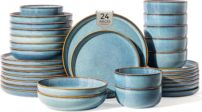 GBHOME 24 Pieces Double Bowls Ceramic Dinnerware Sets for 6, Stoneware Plates and Bowls Set with Reactive Glaze, Scratch Resistant Stoneware Dishes Set, Dishwasher & Microwave Safe