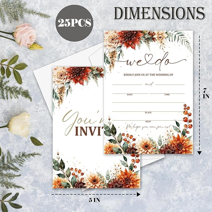 Boho Pampas Grass Wedding Invitations, 5"x 7" Autumn Wildflower Wedding Invites Card With Envelopes, 25 PCS for Party Decorations and Supplies - A08