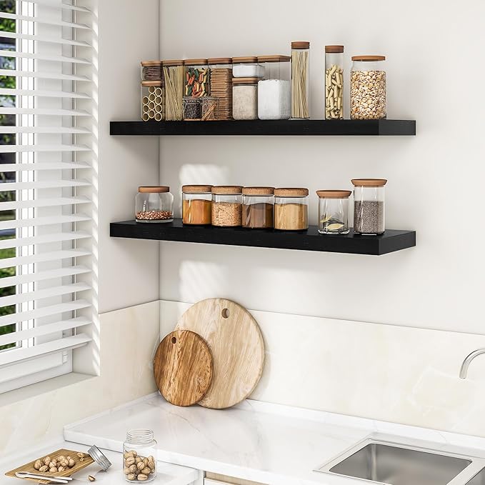 RICHFOCUS 40Inch Floating Shelves for Wall 1 Pack Shelves for Bedroom|Kitchen|Bathroom|Laundry Room Rustic Wood Wall Mounted Shelf with Invisible Brackets for Books|Storage|Decor, Black