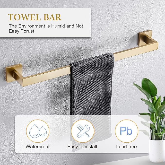 6-Piece Bathroom Hardware Set 23.6 Inch Gold Towel Bar Set Double Towel Bar Towel Ring Coat Hook and Toilet Paper Holder with Shelf Wall Mounted Stainless Steel Bathroom Accessories Set
