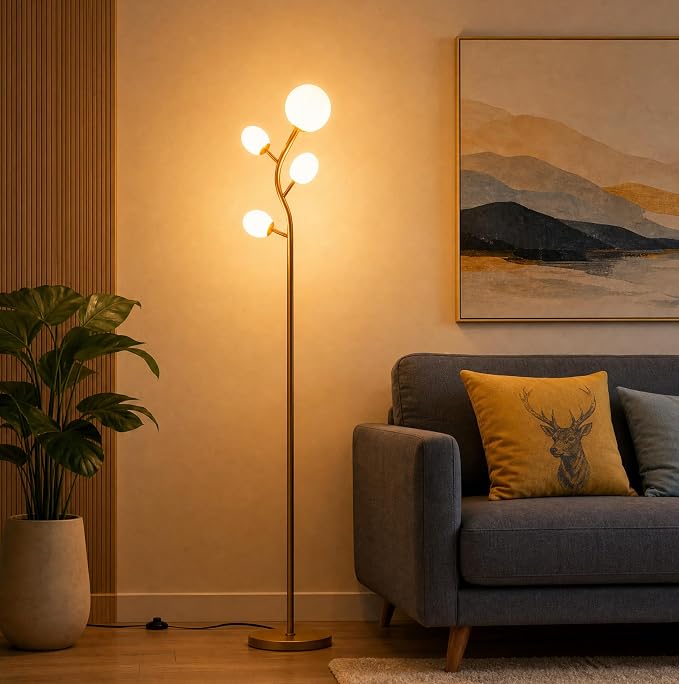 Fiqevs 4 Globe Floor Lamp, Modern Gold Tree Standing Lamp with Warm Light LED Bulbs and Sphere Frosted Glass Shade, Mid Century Sputnik Tall Lamp for Living Room, Bedroom, Office, Antique Brass
