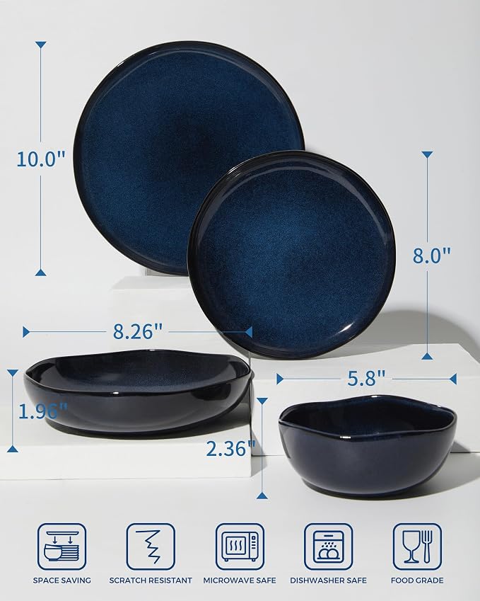 Pokini 24 Pieces Dinnerware Set for 6 with Pasta Bowls, Complete Ceramic Dish Set, Stackable & Glossy Stoneware Plate and Bowl Set for Effortless Everyday Hosting, Starry Blue