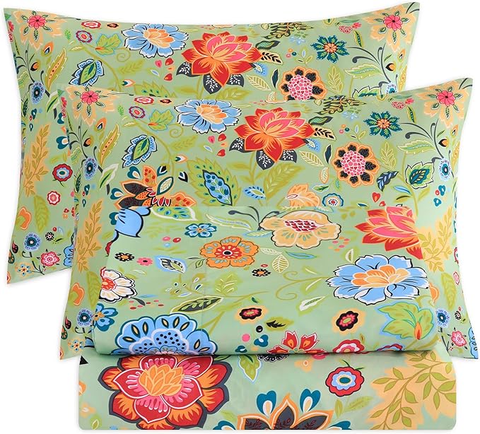 Bedlifes Queen Size Extra Deep Pocket Sheet Sets - Fits Mattresses Up to 18-24" Thick, 4-Piece Microfiber Set with 1800 Thread Count, Soft, Smooth, Breathable, Featuring Floral Sage Green