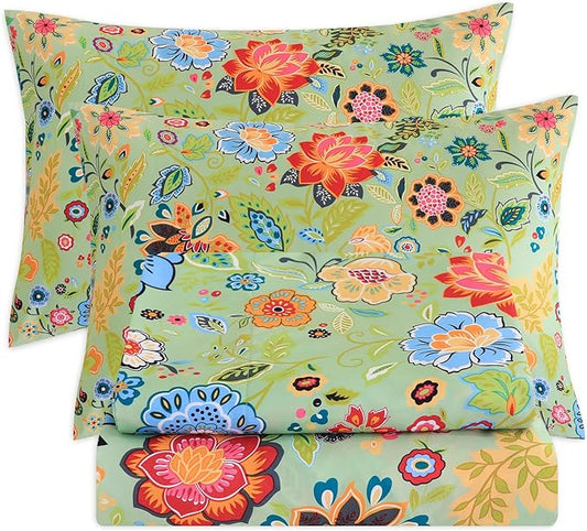 Bedlifes Queen Size Extra Deep Pocket Sheet Sets - Fits Mattresses Up to 18-24" Thick, 4-Piece Microfiber Set with 1800 Thread Count, Soft, Smooth, Breathable, Featuring Floral Sage Green