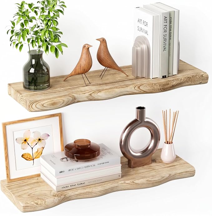 Solid Wood Live Edge Floating Shelves Set of 2 – 24" Rustic Wall Shelf with Hidden Bracket System, Wall Mounted Shelves for Bathroom, Kitchen, Living Room, Bedroom (Light Toasted Brown)