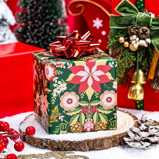 MAYPLUSS Christmas Wrapping Paper Roll - 17IN X 33FT - Vintage Gift Wrapping Paper Featuring Christmas Flower Against Green Reversible Red for Kids, Holiday, New Year