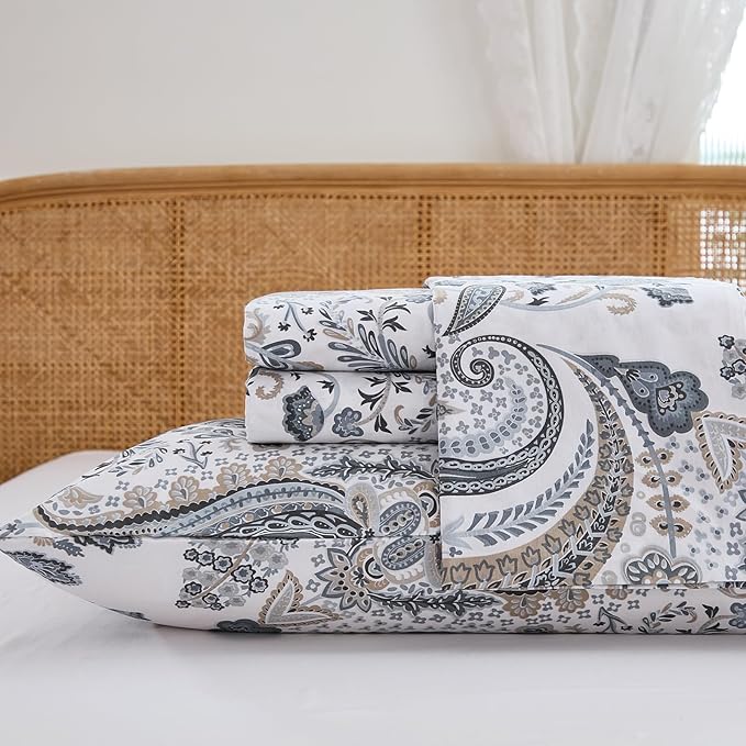 100% Cotton Sheet Set King Size – 4-Piece Luxury Grey Paisley Bedding Set, Extra Soft Breathable Percale Weave, Deep Pocket Fitted Sheet 17.5", Crisp Cool Feel Bed Sheet