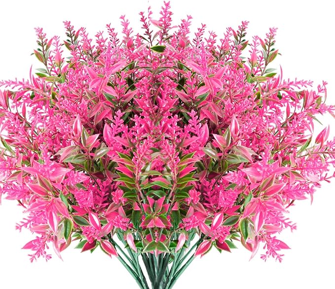 8 Bundles Artificial Lavender Plants Outdoor UV Resistant Fake Flowers Faux Plants Garden Porch Window Box Decorating (Pink)