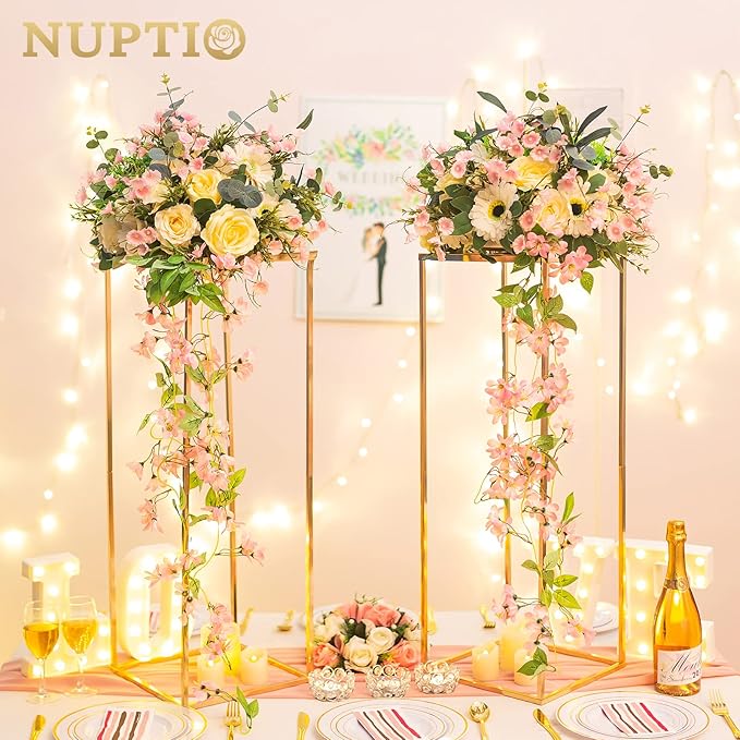 NUPTIO Metal Gold Vase Set for Wedding - 10 Pcs 31.5 inch Tall Cylinder & Square Vases for Centerpieces - Elegant Flower Stand for Party Tables Decorations
