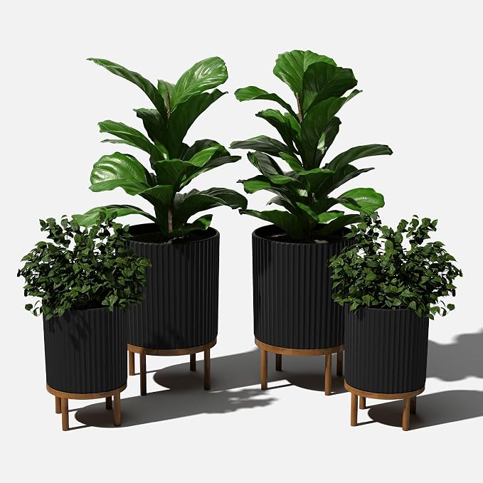 Veradek Demi Series Round Planter w/Stand for Porch/Patio | Durable Plastic-Stone Composite & Wooden Stand | Modern Décor for Tall Plants, Flowers