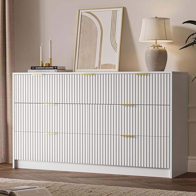 3-Piece Dresser Bedroom Set, 7 Drawer Dresser & 3 Drawer Nightstands with Gold Handles, Fluted Wood Chest of Drawers for Bedroom, Living Room, Entryway, White