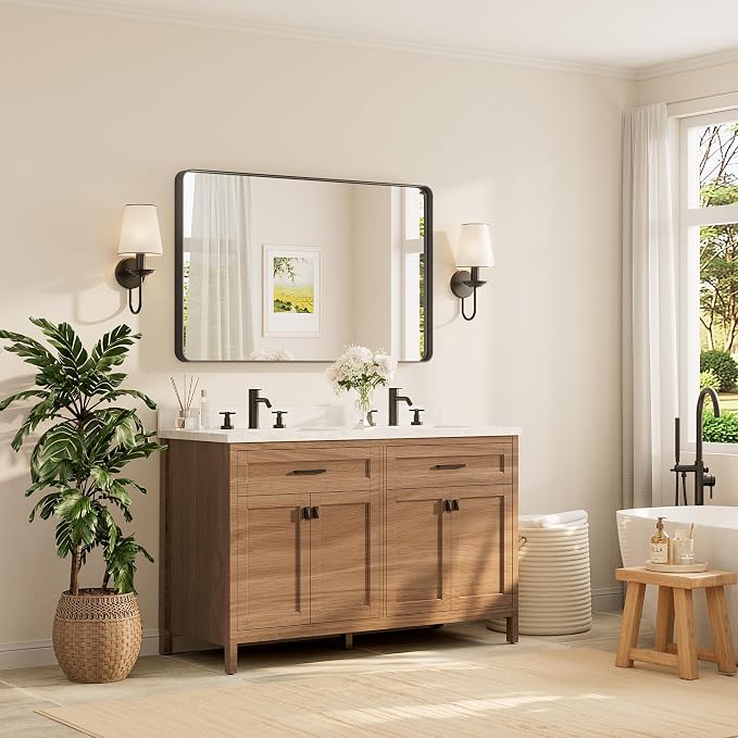 TETOTE 48 x 30 Inch Bathroom Mirror, Matte Black Modern Metal Frame Rectangle Wall Mounted Vanity Mirror (Horizontal/Vertical)
