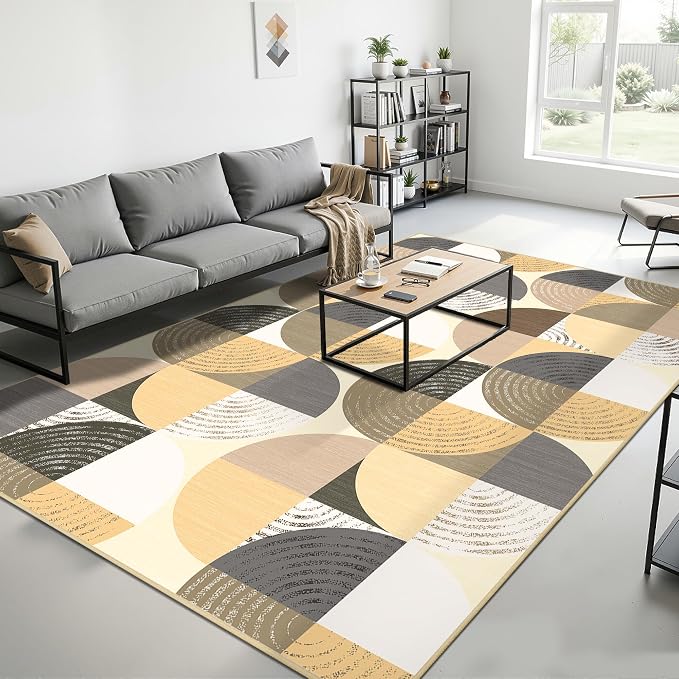 Merelax 5x8 Geometric Rug for Livingroom Bedroom - Washable Non-Slip Abstract Multi-Color Area Rug, Indoor Floor Carpet Low Pile Soft Rug for Dining Room, Mudroom, Modern Aesthetic Decor, Light Tan