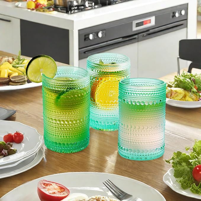 Hobnail-Drinking Glasses 13oz Vintage Glassware Sets Cocktail Juice Glasses Set of 6, Aqua
