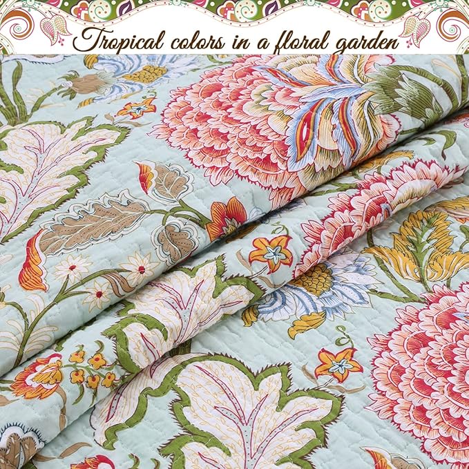 Cozy Line Home Fashions Blooming Red White Floral 100% Cotton Reversible Quilt Bedding Set, Coverlet Bedspread (Camellia Green, King - 3 Piece)