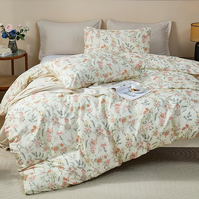 100% Cotton Duvet Cover Queen Size – Vintage Botanical Floral Duvet Cover Set with Zipper Closure, 3-Piece Soft Breathable Natural Premium Cotton Bedding Set for All Seasons