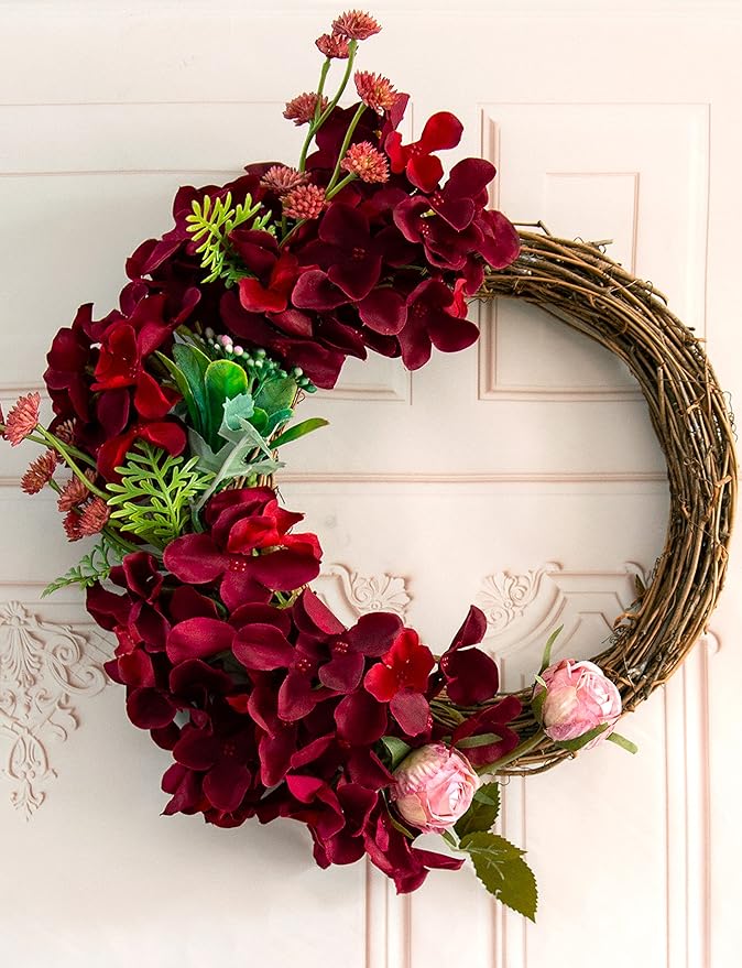 DuHouse 8.7" Silk Hydrangea Artificial Flower Heads with Stems Fake Hydrangeas Flowers for DIY Wedding Centerpiece Home Decor,Pack of 6 (Burgundy)