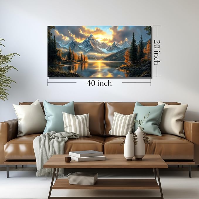 JuhaiArt Lake Picture Art Mountain Landscape Nature Wall Decorations Scenery Canvas Wall Art for Bedroom Office Gold Sunset Poster Artwork 20"x 40"