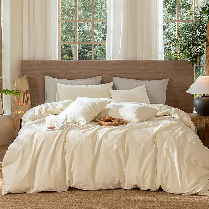MooMee Wavy Striped Duvet Cover Set 100% Washed Cotton Linen Like Textured Breathable Durable Soft Comfy (Cream White, Oversized King Plus 128"x120")
