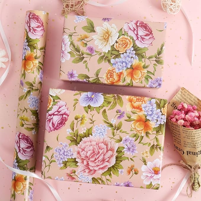 RayofSun Floral Wrapping Paper Roll Roll 17 in x 32ft Mini Roll Pink Peonies Yellow Roses Blooms Gift Wrap Paper for All Occasion Wedding Birthday Bridal Shower Party Wrapping Supplies