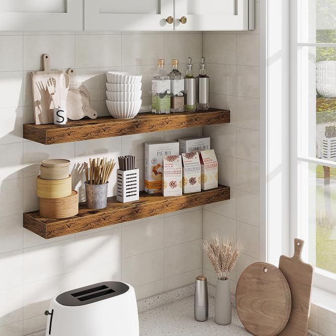 Fun Memories Bathroom Shelves 32 Inch Long Set of 2, Floating Shelves for Wall with Invisible Brackets, for Bedroom, Living Room, Kitchen, Rustic Brown