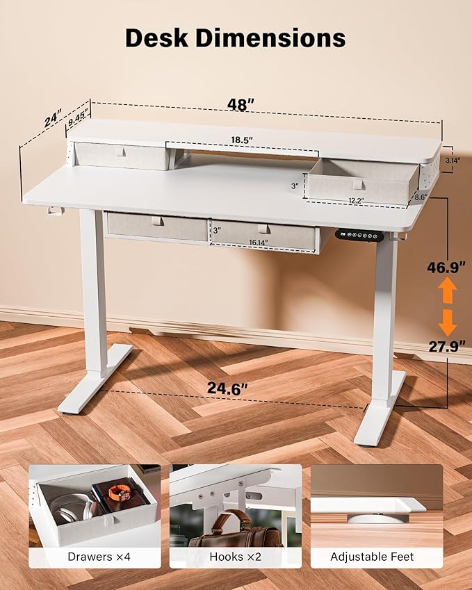 FiCiHi Adjustable Height Standing Desk with 4 Drawers,48 x 24 inches Electric Sit Stand Home Office Desk with Two Tiers, 3 Memory Presets, Monitor Stand Riser, C-Clamp Mount Compatible