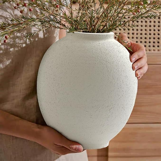 Large White Ceramic Vase, 9.8 inch Round Minimalist Textured Vase, Rustic Farmhouse Decor for Home, Living Room, Shelf, Table, Wedding & Entryway Decoration (Sandstone White)