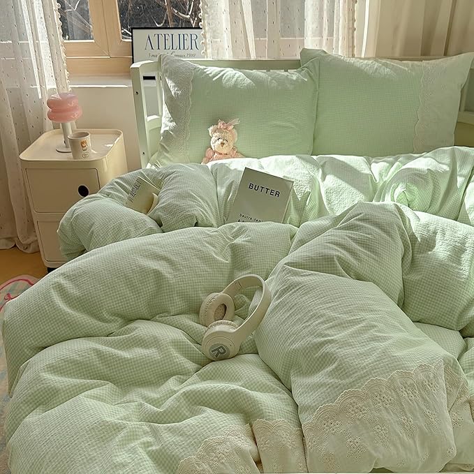 LifeTB Green Gingham Comforter Set Queen Romantic Lace Style Checkered Pattern Comforter Set Farmhouse Green Grid Plaid Bedding Comforter Lightweight Fluffy Soft Gingham Bedding Set Queen Size