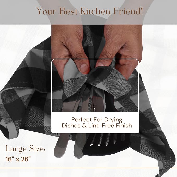 12 Pack Light Grey and Black Buffalo Check Kitchen Towels, 16"x26", Plaid Dish Towels, Absorbent Cotton Cloths for Drying Hands, Cleaning Spills, Farmhouse Kitchen Décor, Holiday