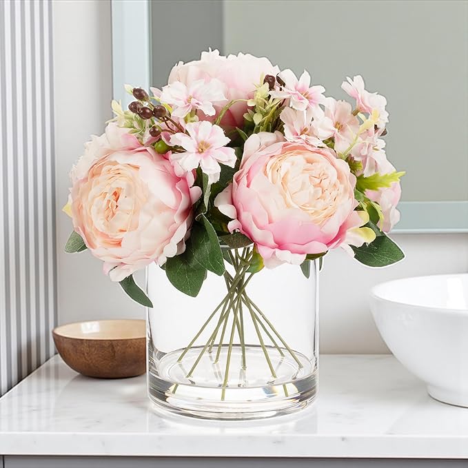 ENOVA FLORAL Artificial Flower Arrangement with Vase,Mixed Artificial Fake Silk Peony Flower in Vase for Decoration Home Office, Wedding Centerpiece (Pink01)